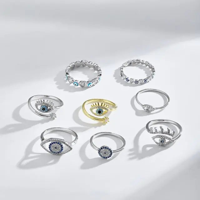 925 Sterling Silver Aesthetic Trendy Eye Rings for Women Adjustable Open Ring with Cubic Zirconia for Weddings and Parties