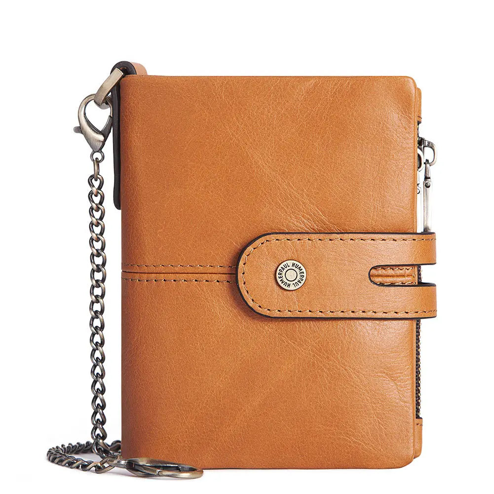 2025 High-quality Men's Short Leather Chain Wallets Double Zipper RFID Genuine Cowhide Card Wallets with Chains