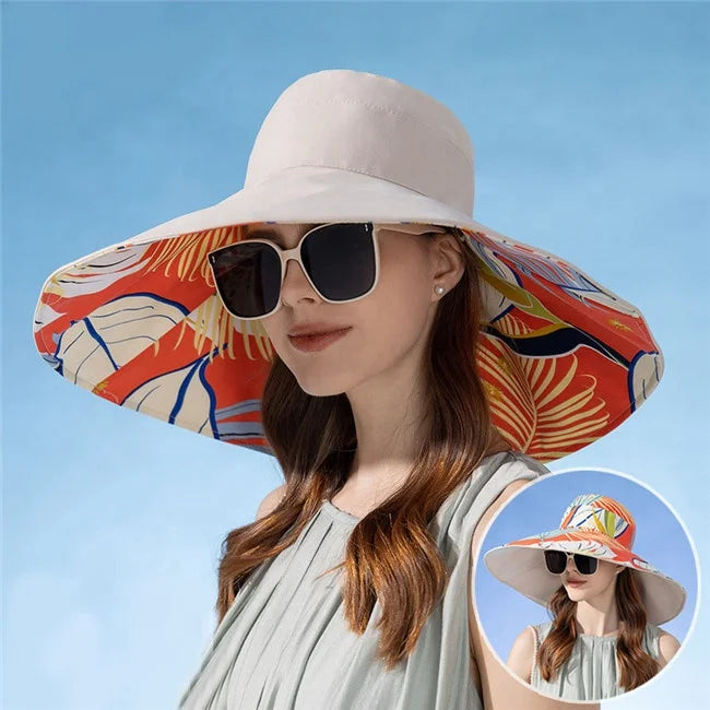 New Summer Super Wide 18cm Brim Printed Women Beach Fisherman Bucket Reversible Hats with String