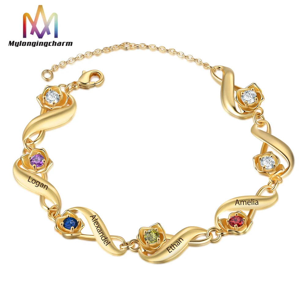 Wholesale Custom Birthstone Personalized Rose Flower Bracelet Bling Bracelet Charm