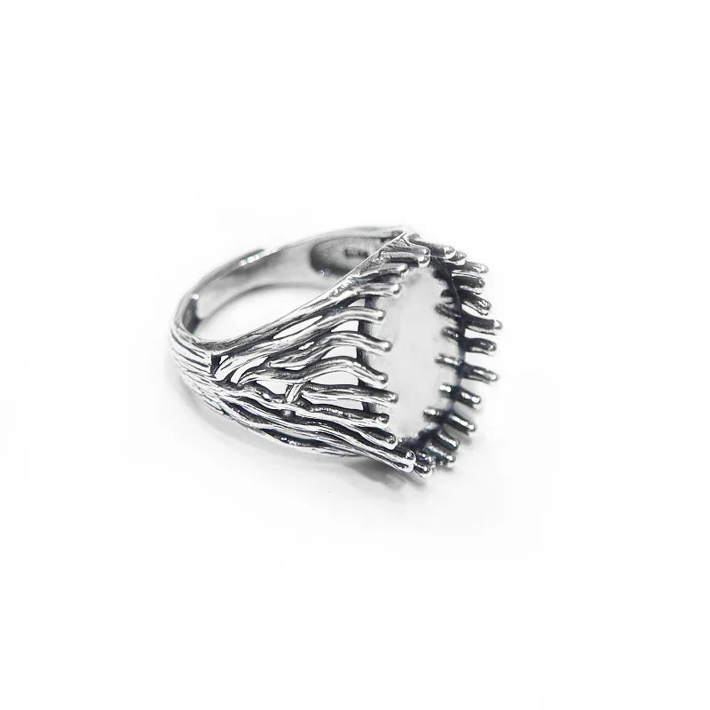 Vintage 925 Sterling Silver Oval Bezel Cup Setting Pave Zircon Gems Jade Adjustable Ring Blank Diy Ring Accessories Wholesale