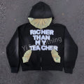 Custom Logo Vintage Sun Fade Distressed Hoodie OEM Acid Wash Letter Embroidery Patch Zip up Hoodie