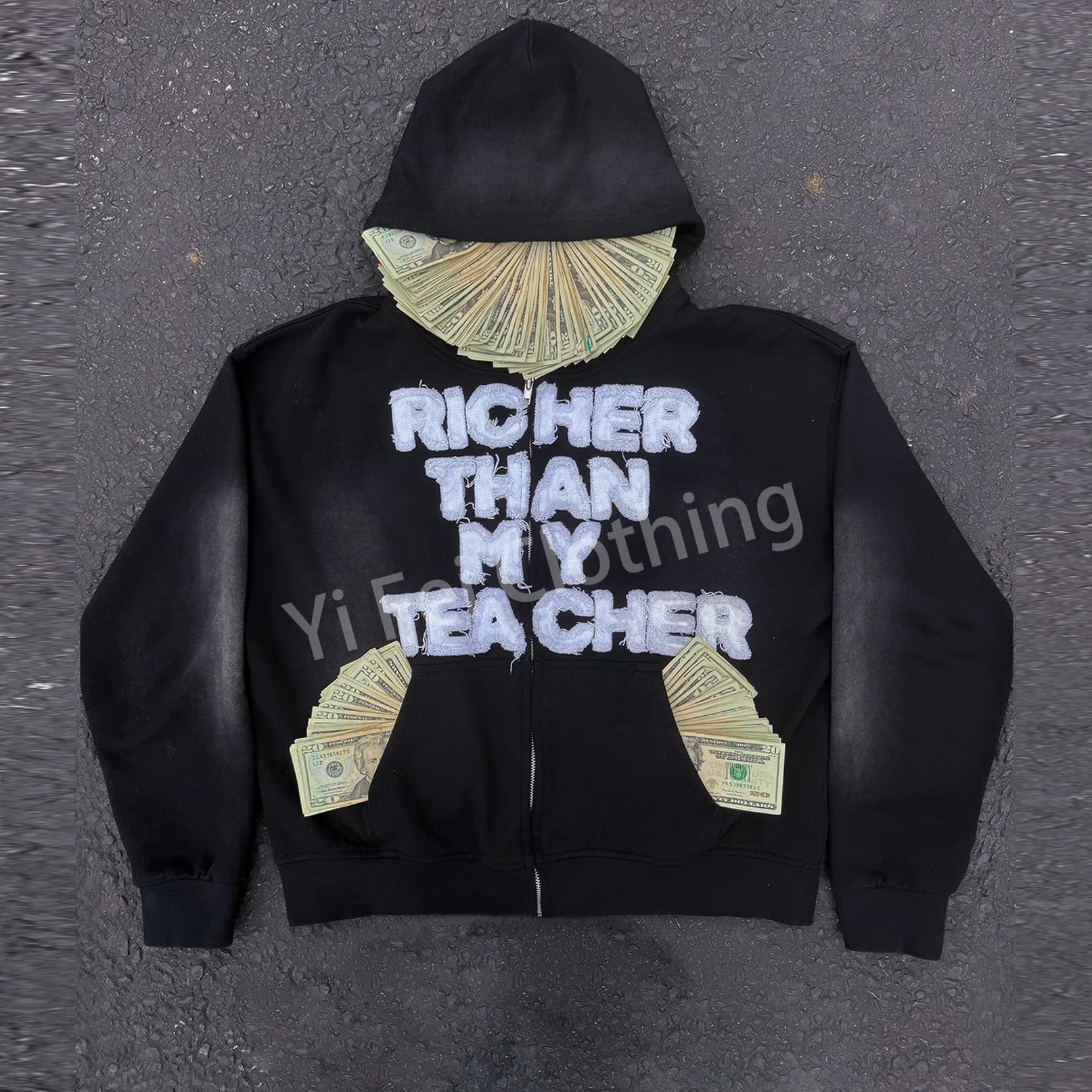 Custom Logo Vintage Sun Fade Distressed Hoodie OEM Acid Wash Letter Embroidery Patch Zip up Hoodie