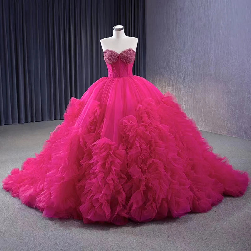 High-End Fuchsia Beading Pearl Sequins Cascading Ruffles Prom Dresses Strapless Corset Sleeveless Prom Formal Dresses Rsm231108
