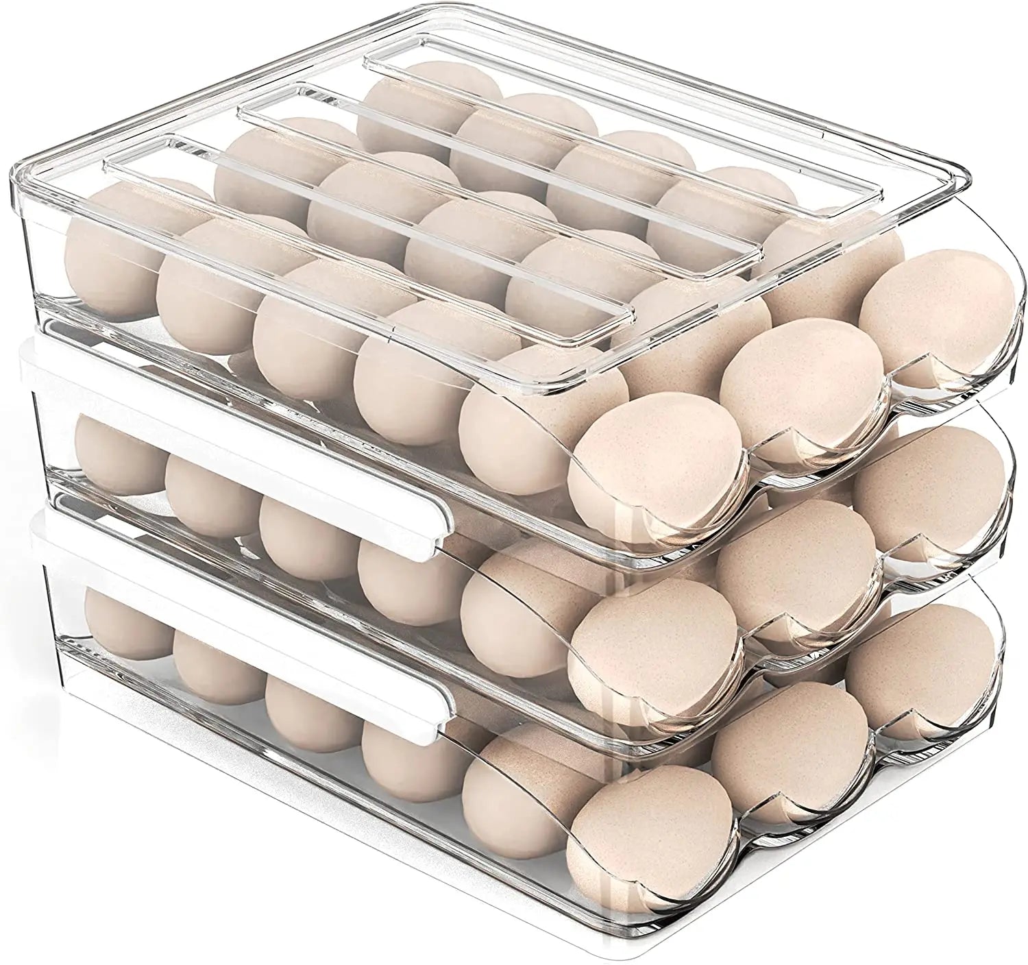 OWNSWING Rolling Design Large Capacity Clear 3 Layer Egg Storage Fridge Drawer Organizer