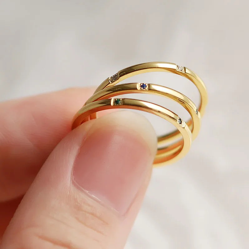 18K Gold Plated Stainless Steel Minimalist Finger Jewelry Three Stone 1.3mm Thin Band Three-piece Set Ring for Women