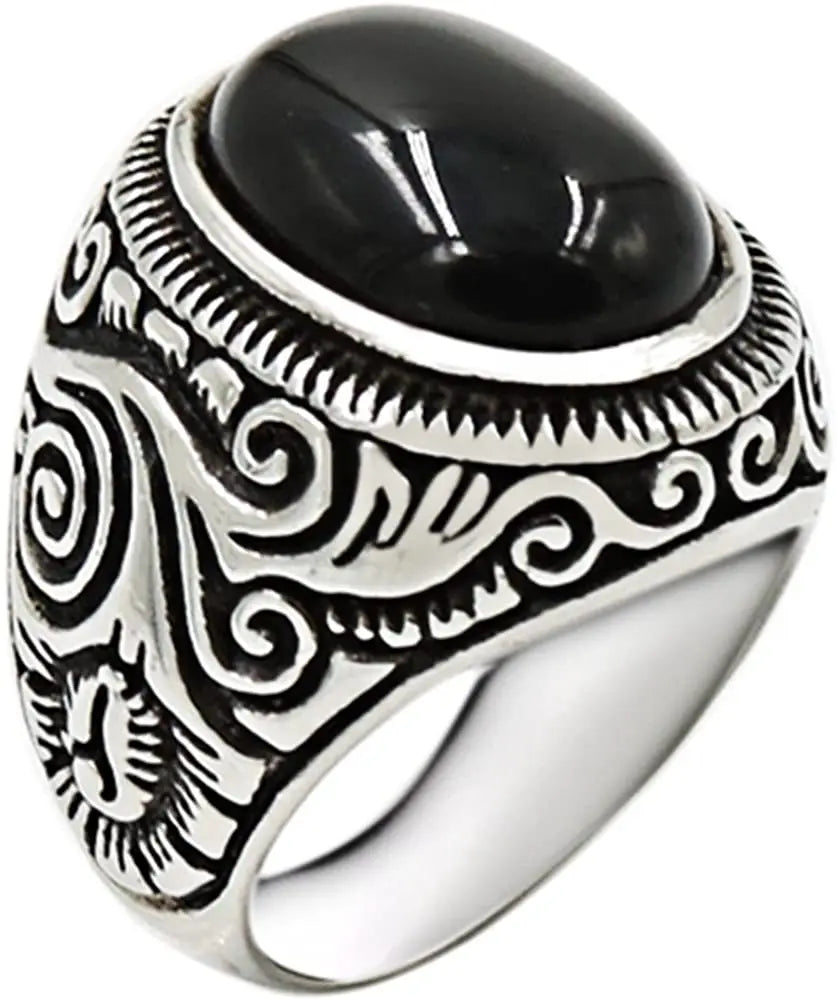 Retro Vintage Stainless Steel Turquoise Onyx Ring Natural Stone Ring Stainless Steel  Boy Rings