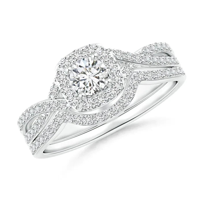 Sterling Silver Rose Gold Plated Round Zircon Floating Double Halo Bridal Ring Set for Wedding & Anniversary