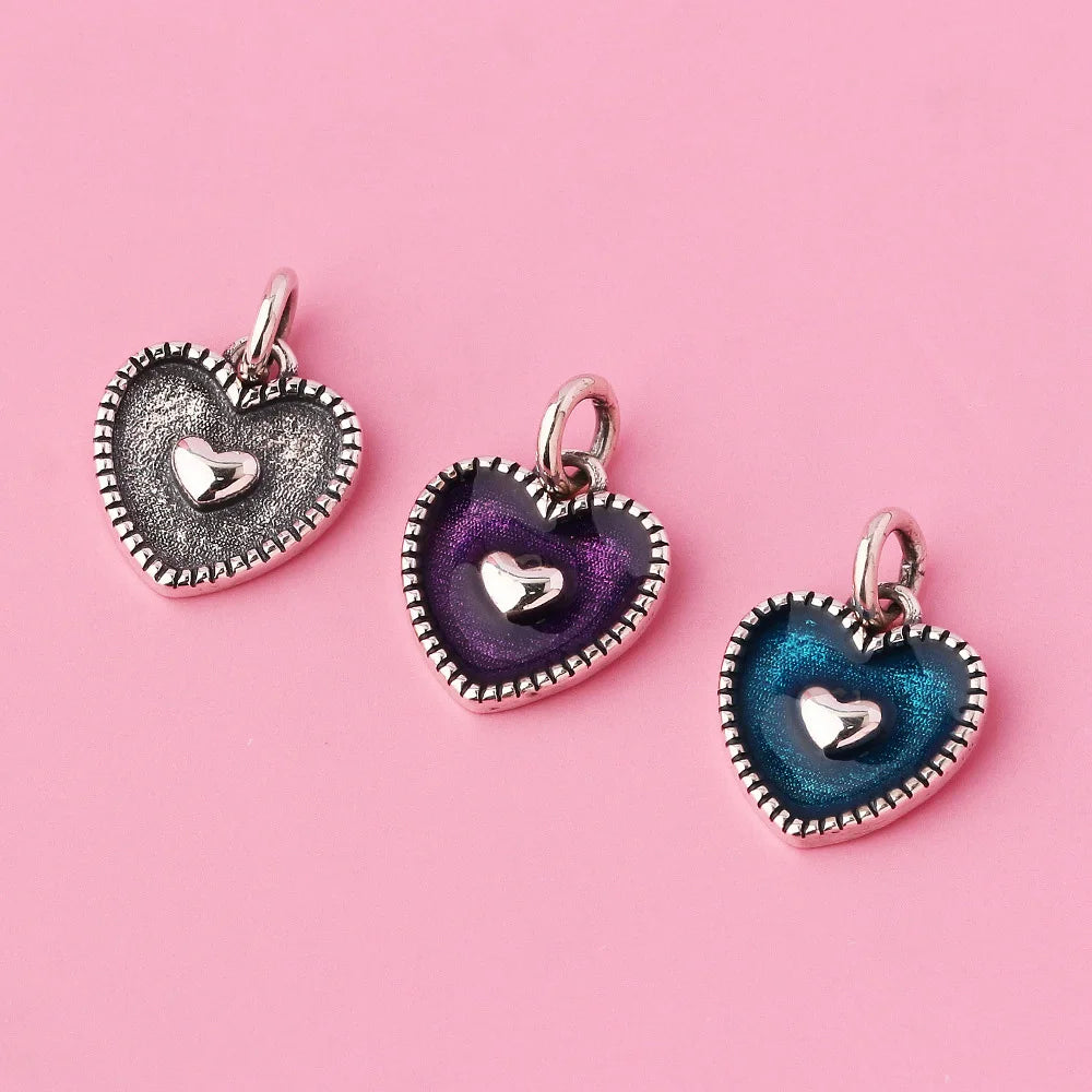 10.2mm Soild 925 Sterling Silver Oxidized Handmade Heart Enamel Epoxy Pendant for Necklace Making Finding