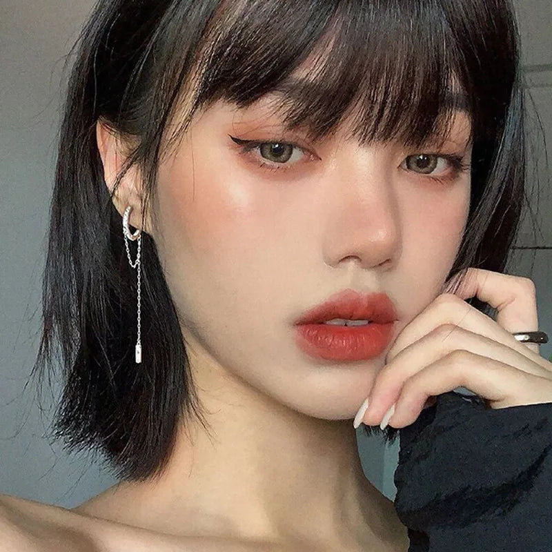 S925 Silver Long Circle Earrings Female Korean Temperament Simple Personality Flash Diamond Tassel Ear Button Face Thin Earrings