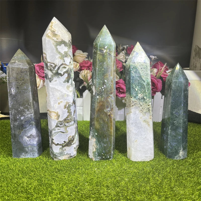 Kindfull Wholesale Polished New Arrived Natural Semi-precious Stone Moss Agate Tower Crystal Point for Ornament