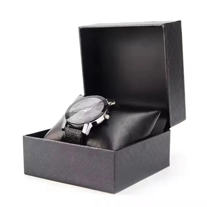 Custom Black Leather Watch Box with Single Display Cardboard Roll Packaging for Men's Watches Featuring Custom Logo