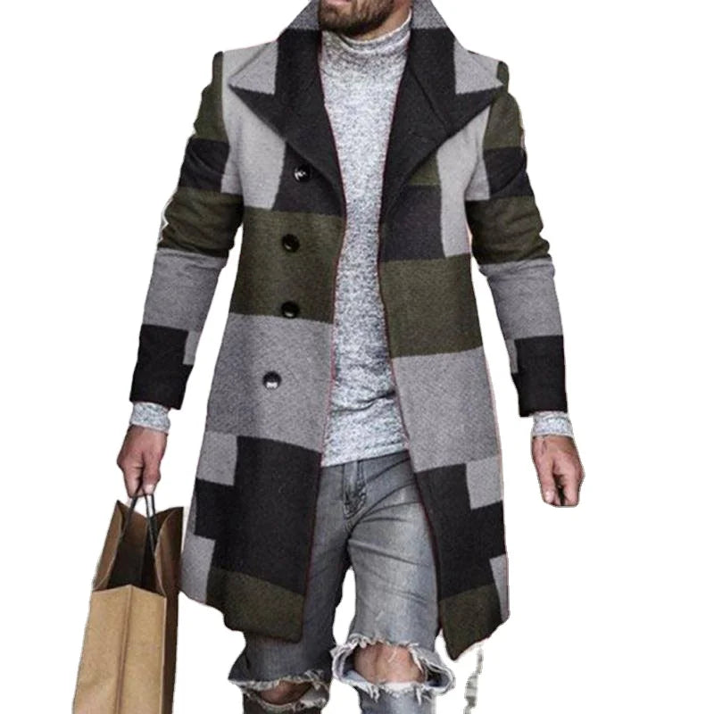 Wholesale Cheap Men's Long Coat Fall/Winter Business Formal Overcoat Notched Collar Single-Breasted Plaid