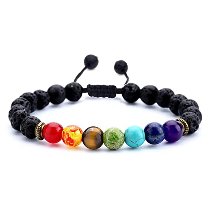 Fashion Natural Stone 7 Chakra Energy Bead Lava Rock Tiger Eye Beads Turquoise Yoga Adjustable Braided Bracelet