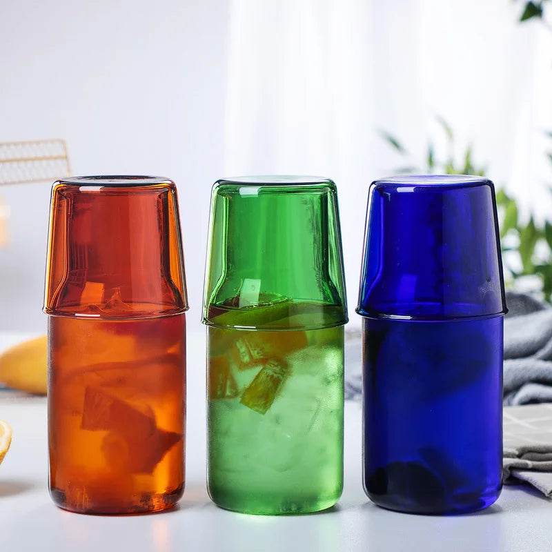 Small Capacity Borosilicate Glass Jug Set for Milk Drinking Pitcher with Cup Lid Handmade Mouth Blown Japanese Style