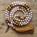 Handmade 8mm Rose Quartz Picture Jasper Spiritual Beads 108 Prayer Mala Long Tassel Yoga Jewelry for Spiritual Practices Gifts