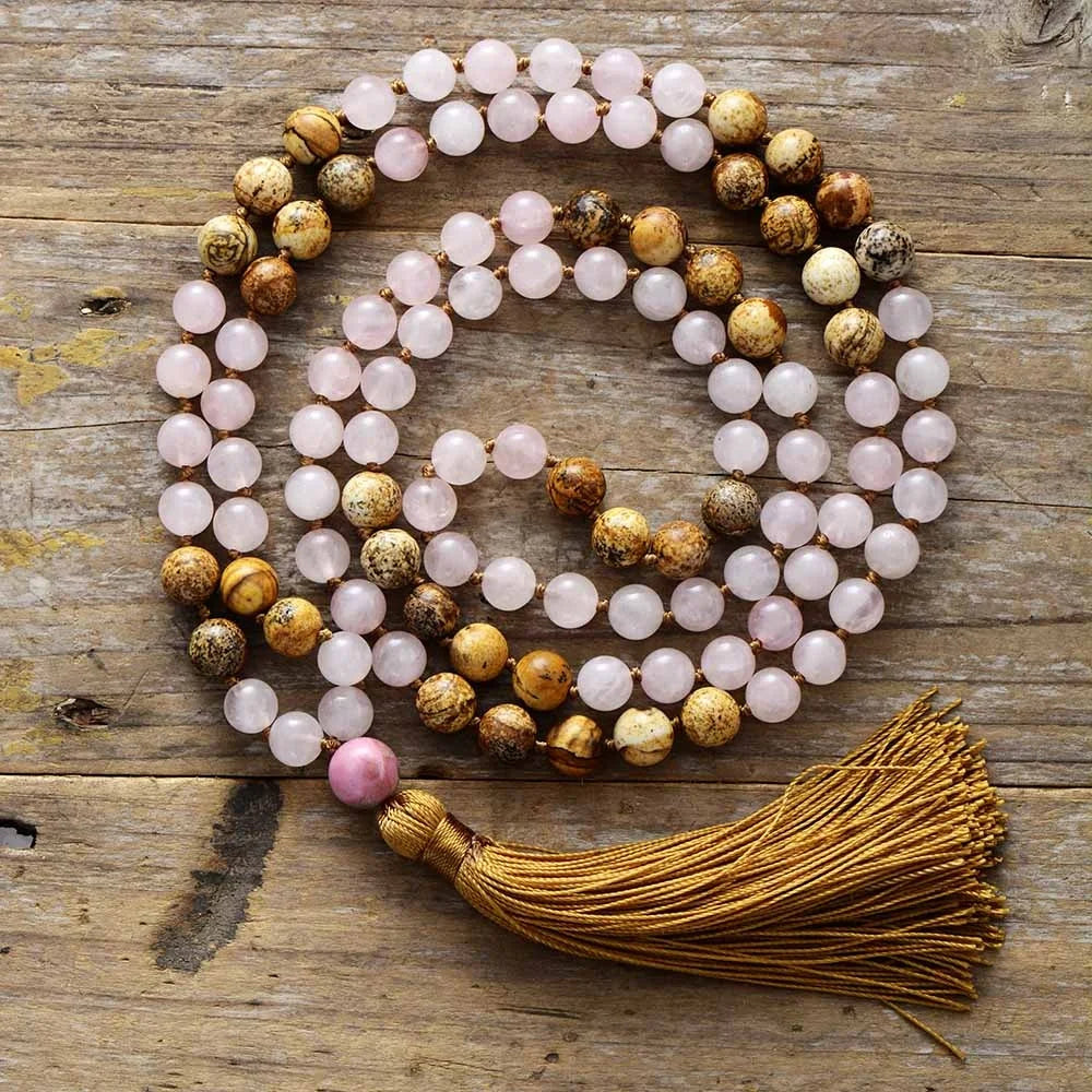 Handmade 8mm Rose Quartz Picture Jasper Spiritual Beads 108 Prayer Mala Long Tassel Yoga Jewelry for Spiritual Practices Gifts