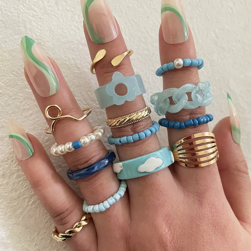 12Pcs/Set Bohemia Finger Jewelry Acetate Chain Pearl Pentagram Beaded Ring Set for Women Fashion Colorful Beads Ring