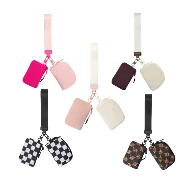 Custom Logo Dual Pouch Luxury Fashion Double Wrist Wallet Coin Bag with Wristlet Key Chain Bracelet Card Holder Wallet