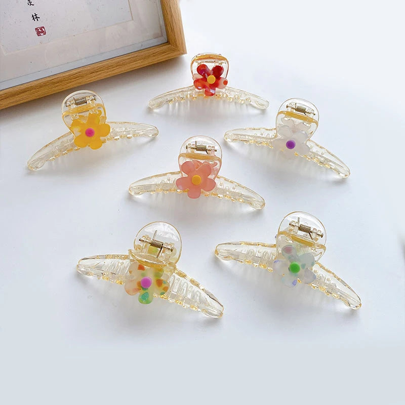 Acrylic Transparent Flower Shark Hair Claw Wholesale Gradient Flower Cross Claw Clip 9.6cm Fashionable Kids Hair Accessories