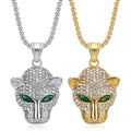 Fashion Jewelry Hiphop Charms Stainless Steel PVD Gold Plated Green Eyes Leopard Head Pendant Crystal Necklace Wholesale