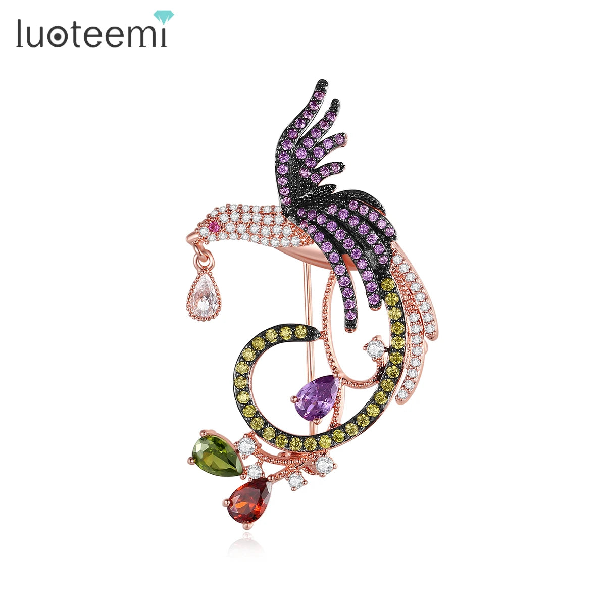 LUOTEEMI Hot Unique Design Rose Gold Plated Multi Cz Micro Pave Setting Phoenix Bird Animal Brooches