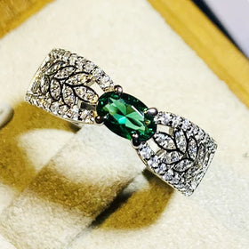 CAOSHI New Light Luxury Oval Cut Green Crystal Wheat Ear Design Silver Color CZ Hollow Women Small Row Diamond Finger Rings