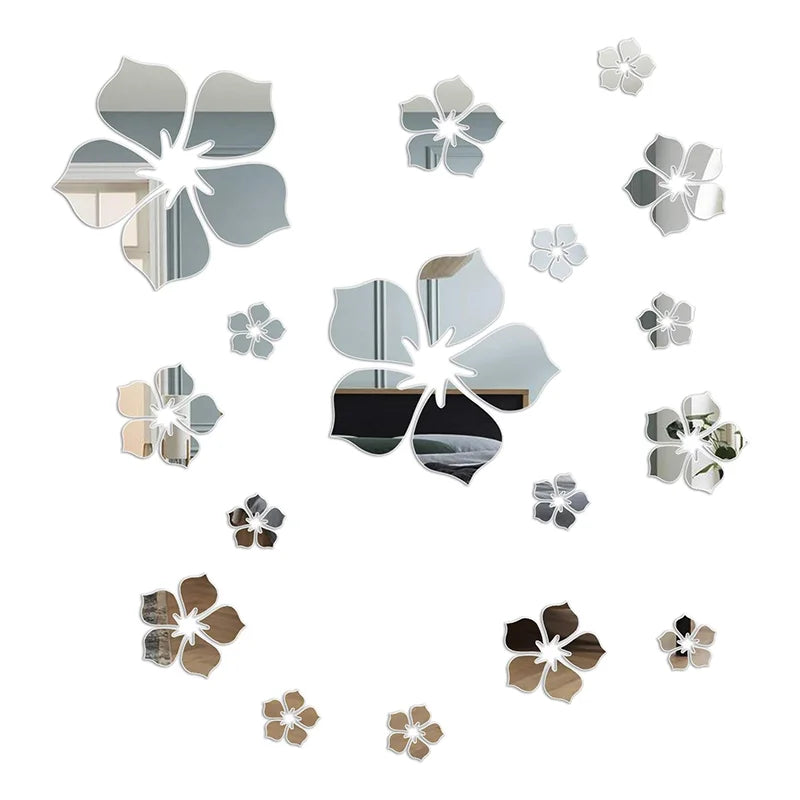 Silver 3D Floral Mirror Wall Stickers Acrylic Self-Adhesive Decor Living Room Bedroom Bathroom-Removable DIY Floral Wall Decor