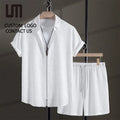 2025 Men Summer Beach 2-Piece Set - Solid Color Button Down Shirt & Quick-Dry Shorts Casual Holiday Beach Outfit