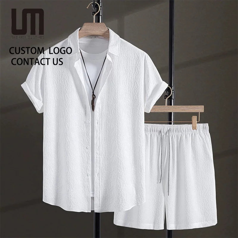 2025 Men Summer Beach 2-Piece Set - Solid Color Button Down Shirt & Quick-Dry Shorts Casual Holiday Beach Outfit
