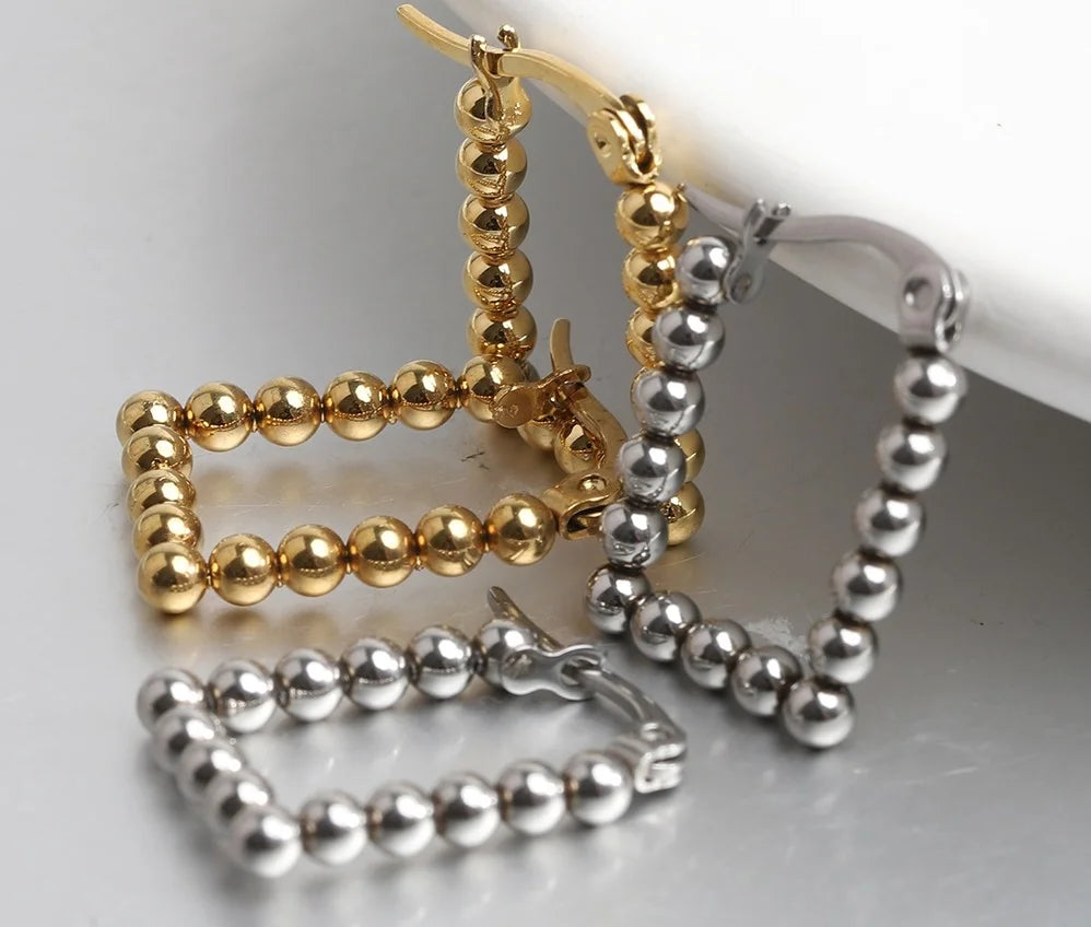 Women Geometric Stainless Steel Beads Hoops Earrings Waterproof Gold Color Ball Hoops Beaded Earrings Gift for Friends
