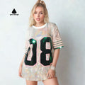 Trendy Hot Women's Y2K Contrast Shining Glitter Round Neck Shoulder Digital Printed Short Sleeve Club Shirt T-shirt
