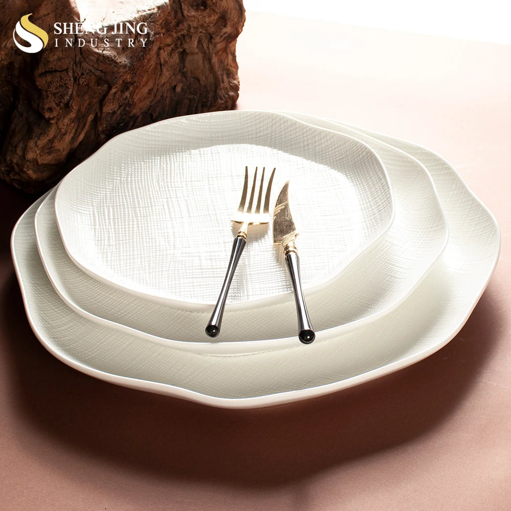 Irregular White Ceramic Restaurant Plate Wholesale Catering Custom Logo Hotel Vajilla De Porcelana Dessert Steak Dinner Dishes