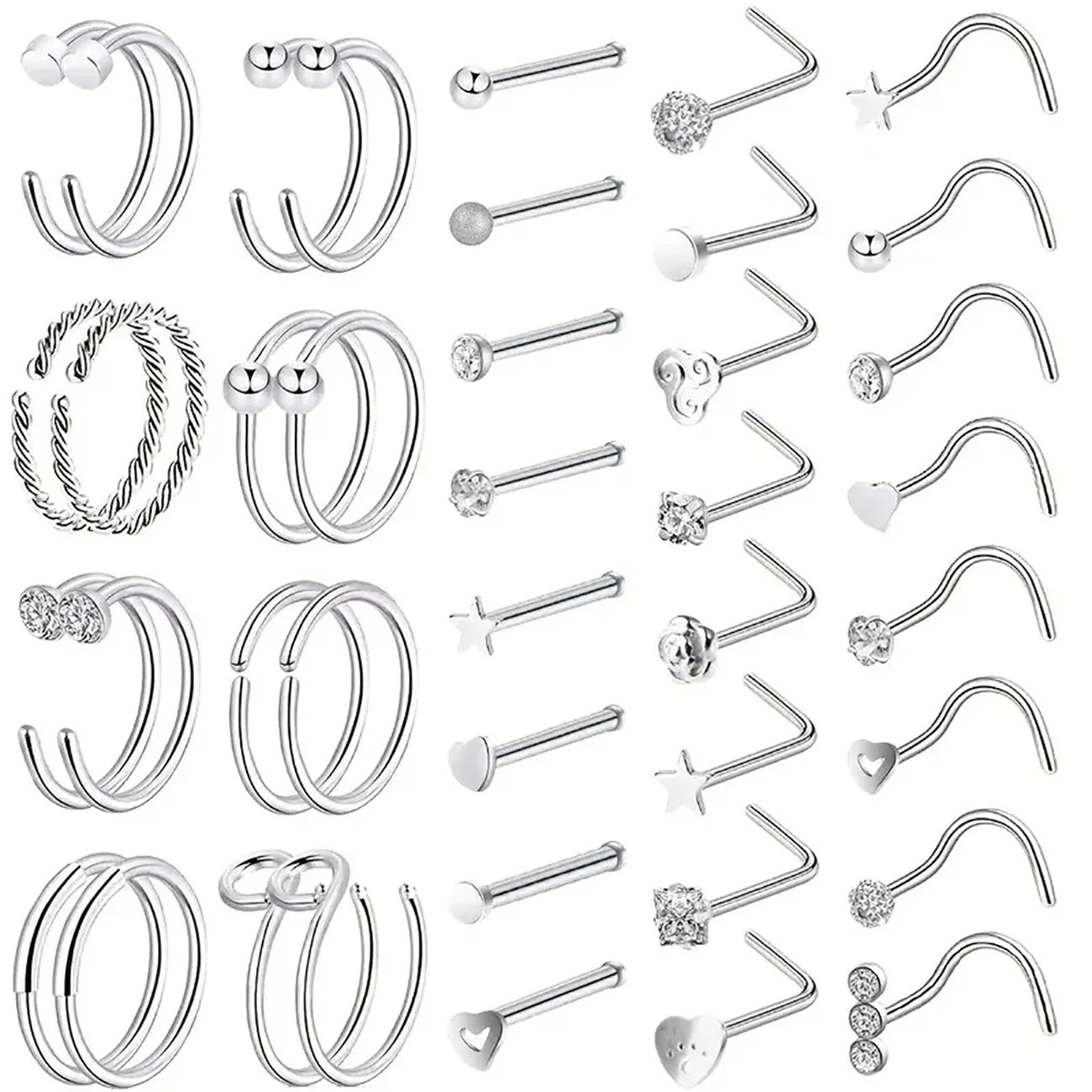 JOYFFO 28Pcs Stainless Steel Trendy Nose Rings L-Shaped Nose Studs in Bone Silver Rose Gold Black Rainbow Colors for Women Men