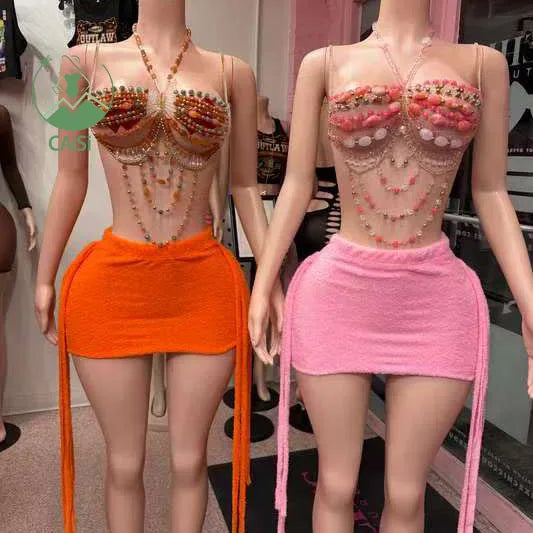 Beach 2 Piece Short Skirt Set Summer 2026 Womens Clothes Fashion Sexy Pearl Chain Vest and Skirts Two Piece Casual Skirt Sets