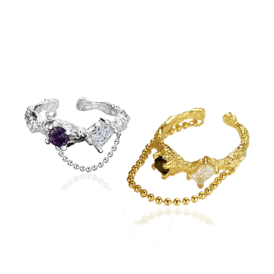 Fashion Irregular Texture Branch Cubic Zircon With Bead Chain Tassel 925 Sterling Silver Rings