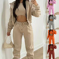 Women's Sporty Fashionable Casual Three-Piece Set with Long Pants Fleece Hooded Sweatshirt Shorts