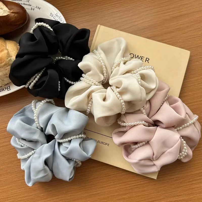 Q&Y New Arrival Korean Style Luxury Large Stretchy Silk Satin Scrunchies with Pearls Headflower Simple Hair Accessories for Girl