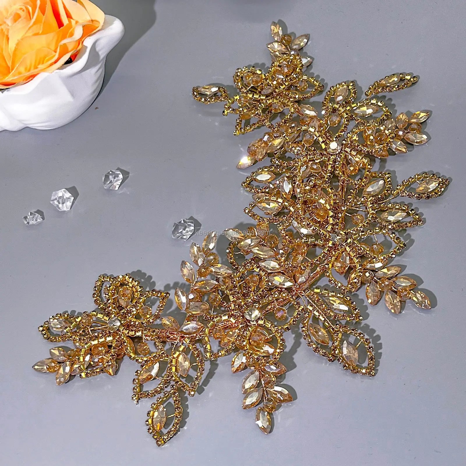 WHD-134 Keering Luxury 3D Wire Rhinestone Headpiece Handmade Floral Sew-on Bright Patches for Wedding Dress Accessory