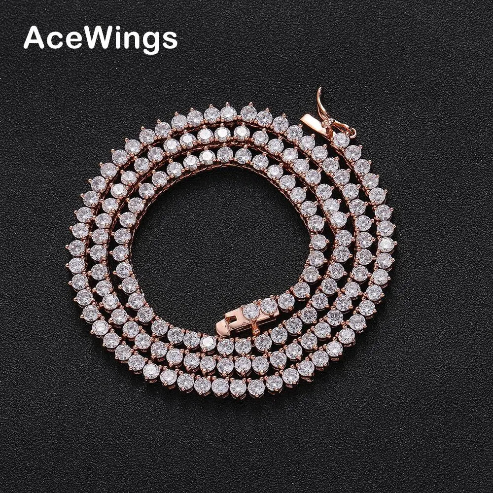 BC101 3mm 3 Prong Tennis Chain Brass 16" 18" Rose Gold CZ Women Necklace