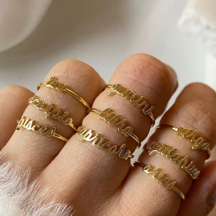 Popular Stainless Steel Letter Ring 18k Gold Plated Zodiac Rings Women