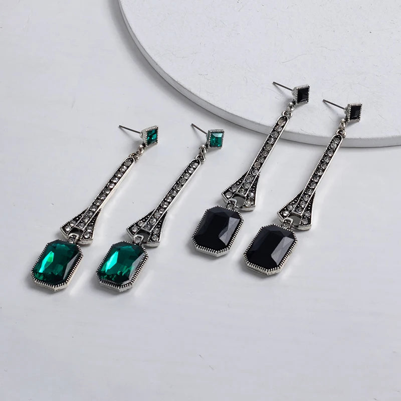 Retro Square Crystal Emerald Square Dangle Earrings Long Rhinestone Geometric Drop Earrings for Party