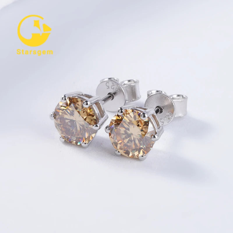 Champagne Color Moissanite Stud Earring 1ct 6.5mm Moissanite Round Gemstone Earrings for Men S925 Silver Earrings