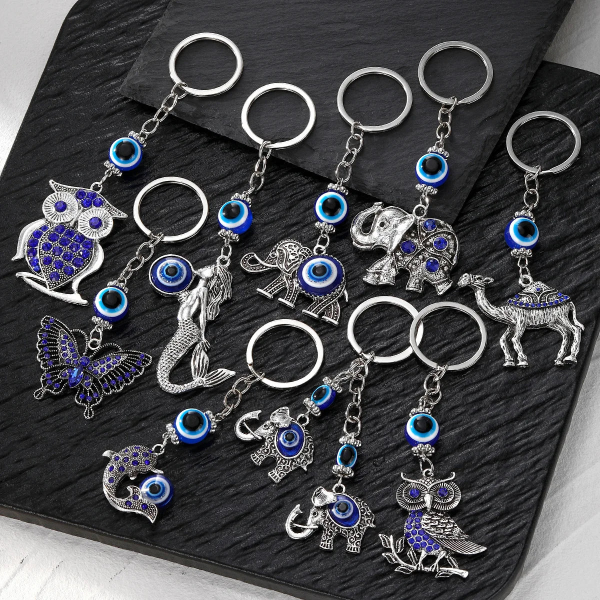 Retro Ethnic Style Diamond Elephant Owl Bag Pendant Turkish Blue Eye Devil Eye Keychain Pendant
