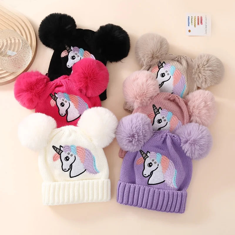 WD-A546   Kids Unicorn Knitted Hat 2023 Winter New Embroidered Unicorn Pom Woolen Hat for Baby Girls