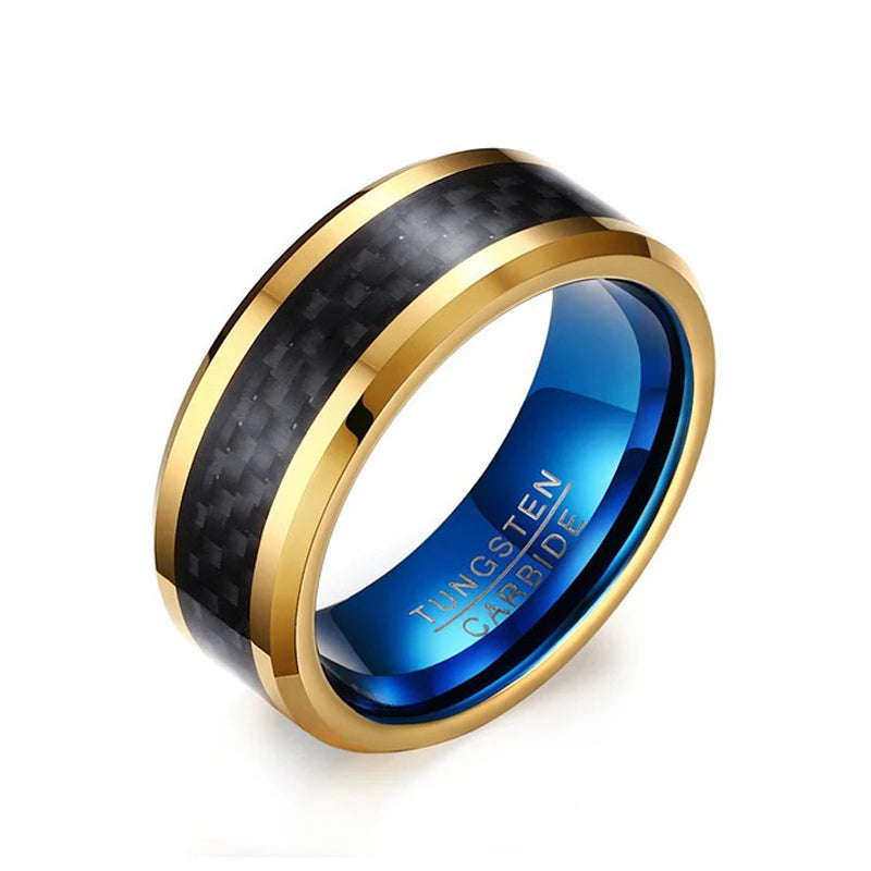 Poya Wholesale Classic Tungsten Carbide Ring IP Gold & Blue Plated with Black Carbon Fiber Inlay for Engagement Party & Gift