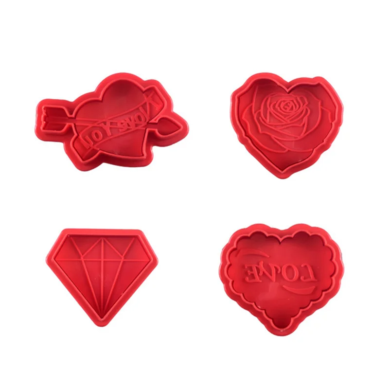 Hot Sale Valentine's Day Cookie Mold Rose Heart Diamond Baking Cake Decorated Tools 4pcs Set Plastic Pressing Cutter