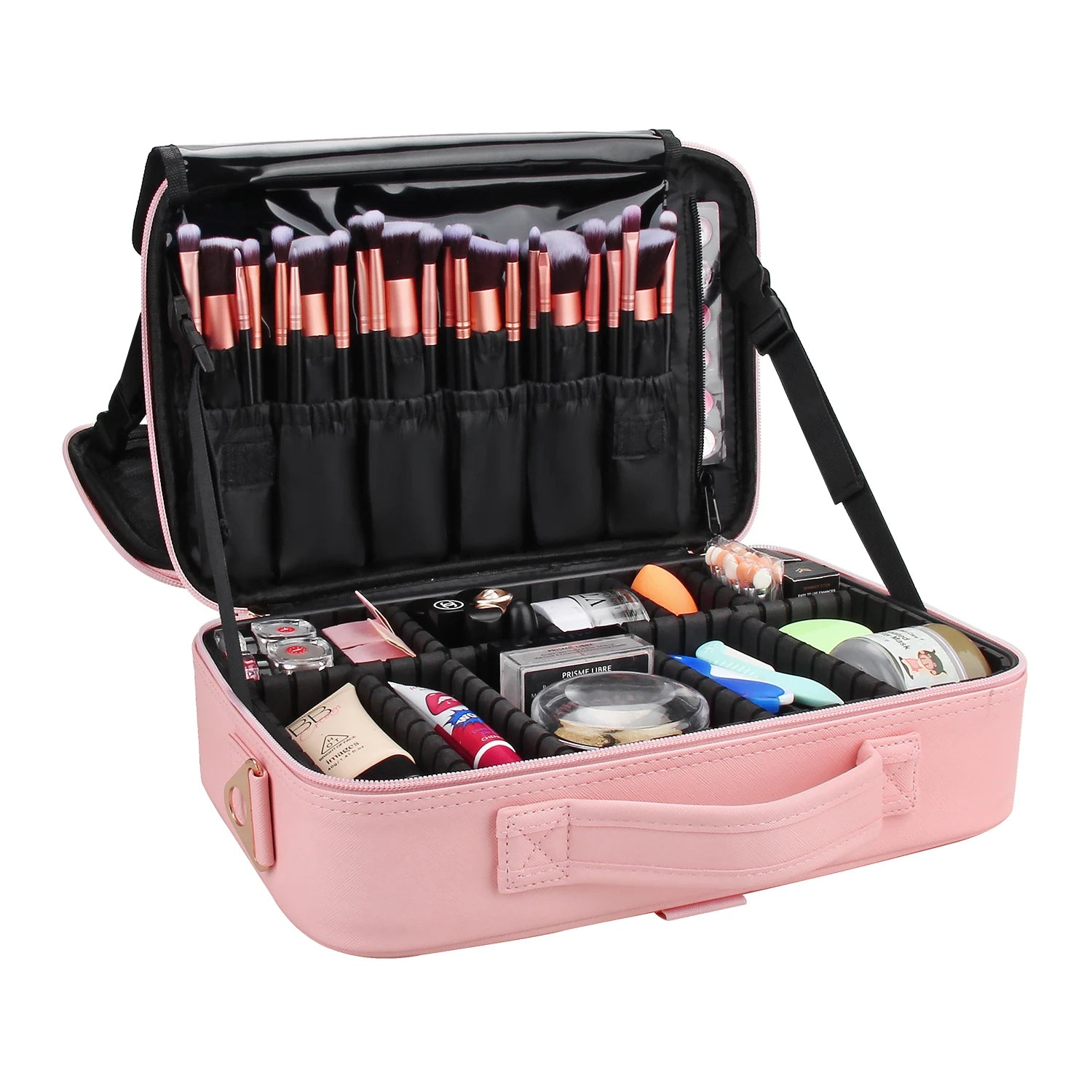 Relavel 2022 New Professional Makeup Train Case Brush Organizer Travel Cosmetic Box 3 Layers Strap Floral Makeup Bag