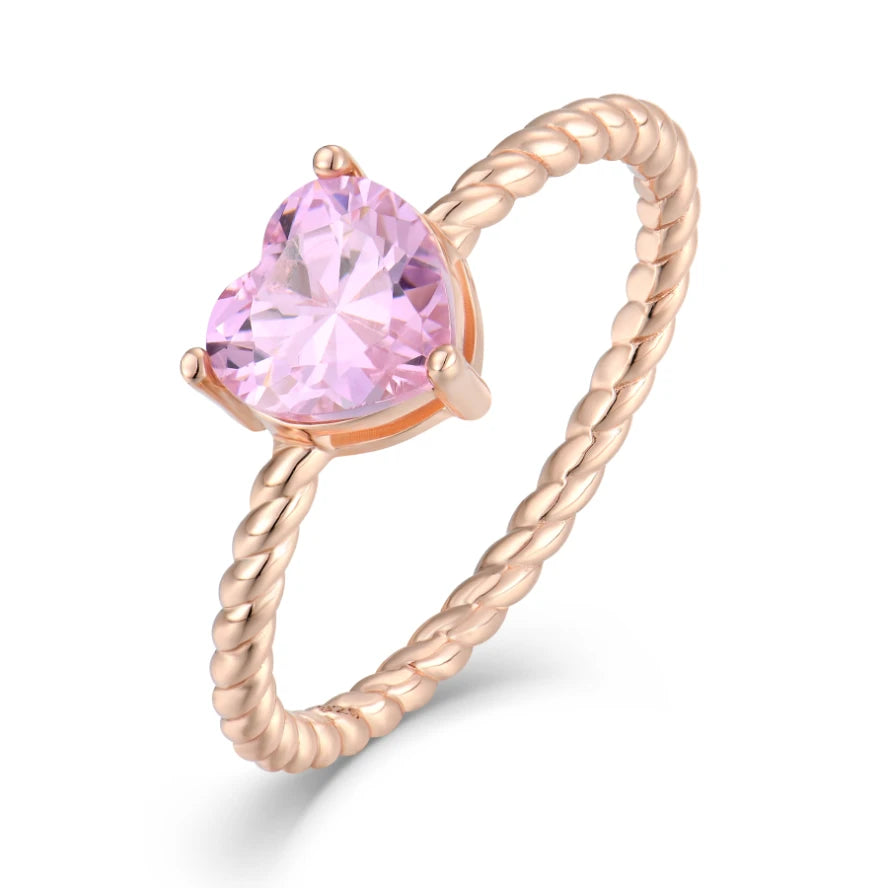 Rose Gold Plated Twisted Band Heart Pink CZ Solitaire Ring Jewelry Sterling Silver 925 Promise Wedding Engagement Ring