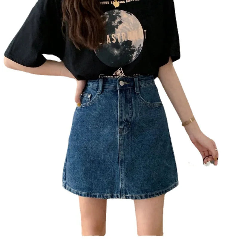 New Korean Vintage Style Hong Kong Wind High Waist Denim Short Skirt for Women Spring Summer Half Buttock A-Line Lady Skirt